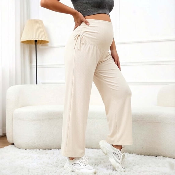 Maternity Women's Side Drawstring Wide Leg Pants, Over‑Belly High Elastic Support, Adjustable Side Ruched Detail for Pregnancy Daily Wear, Maternity Pants for Women Beige XXL