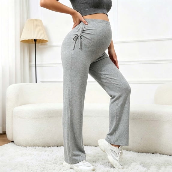 Maternity Women's Side Drawstring Wide Leg Pants, Over‑Belly High Elastic Support, Adjustable Side Ruched Detail for Pregnancy Daily Wear, Maternity Pants for Women Gray XXXL