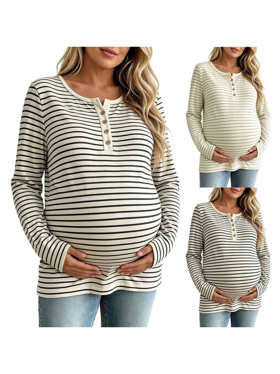 Maternity Women's Striped Henley Shirts Long Sleeve Button Up Stretchy Top Fall Casual Pregnancy Basic Soft Blouse M-3XL