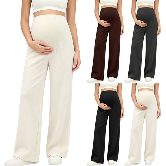 Maternity Women's Wide Leg Pants Ribbed Over The Belly High Waist Trouser Fall Casual Stretchy Pregnancy Loose Pant