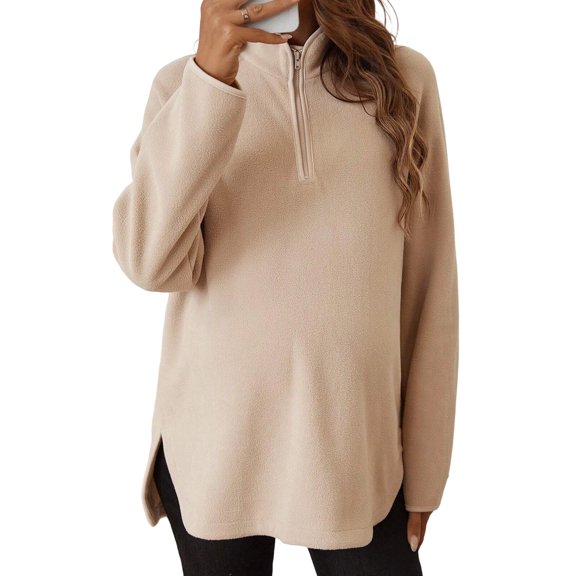 Maternity Zipper Hoodie For Fall Winter Comfortable Stretch Polyester Spandex Fabric Stylish Fleece Lined Warm Pockets