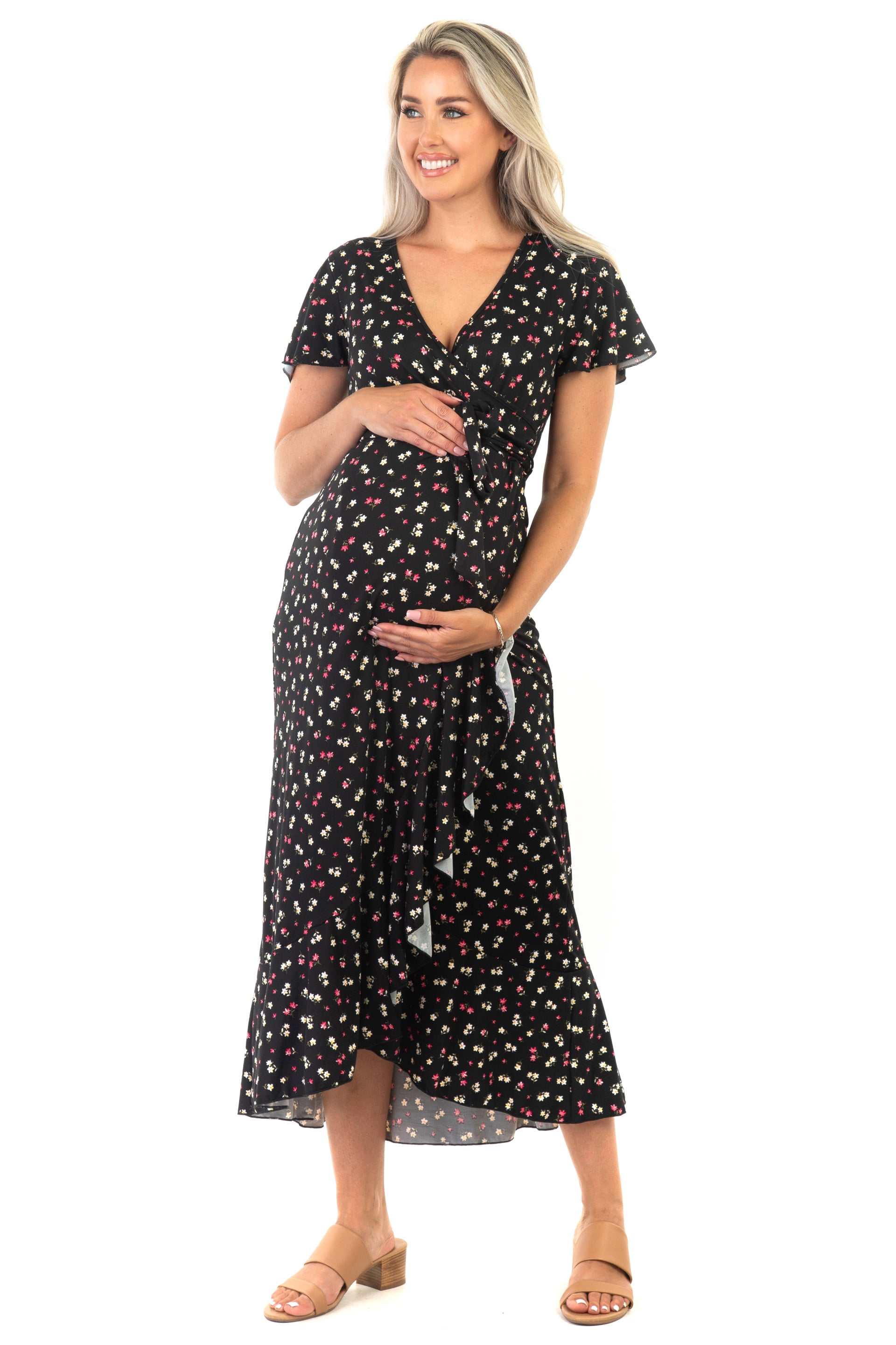 Maternity and Nursing Butterfly Sleeve Dress with Ruffles