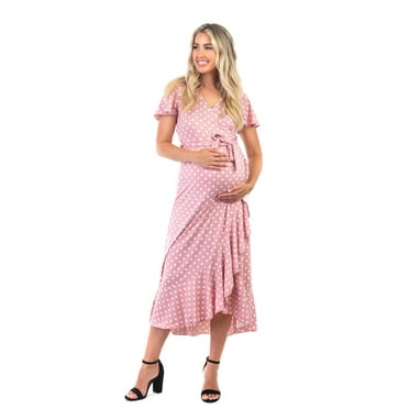 Maternity and Nursing Faux Wrap Butterfly Sleeve Polka Dot Dress with Ruffles