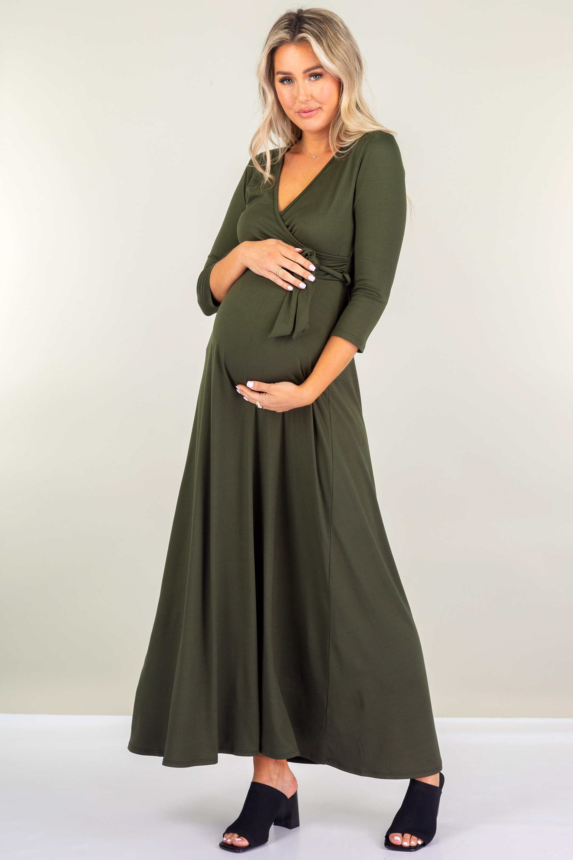 Maternity and Nursing Maxi Faux Wrap Dress with Adjustable Belt