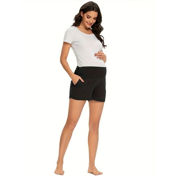 Yawrut Women's Maternity Shorts, Soft High-waisted Wrap Around The Abdomen, Black Pocket Fashionable Yoga Women Shorts For Pregnant