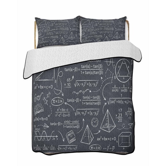 Math Blackboard Numerical Formulas Mathematics Geometric 3 Piece Quilt Bedding Set with 2 Pillow Shams, Lightweight Bedspread Coverlet, Soft Breathable All Season Quilt, 68 x 86 Inch