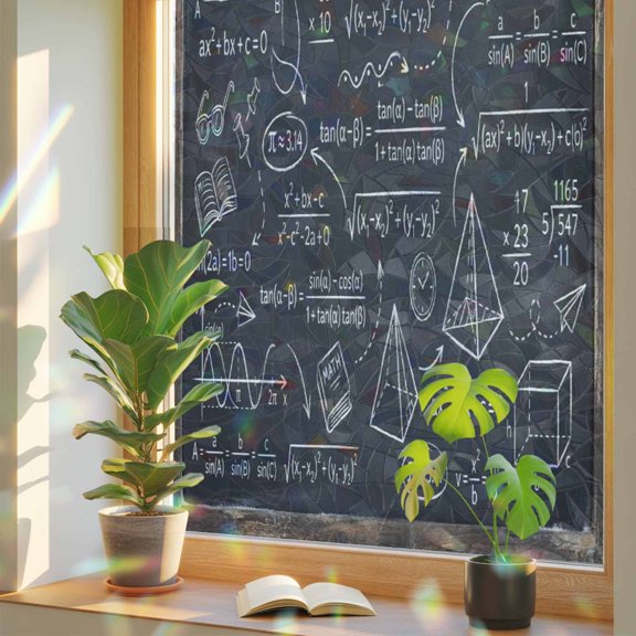 Math Blackboard Numerical Formulas Mathematics Geometric Window Privacy Film, Stained Glass Rainbow Film Decorative Window Clings, Static Cling Sun Blocking Stickers 17.7" x 39.3"