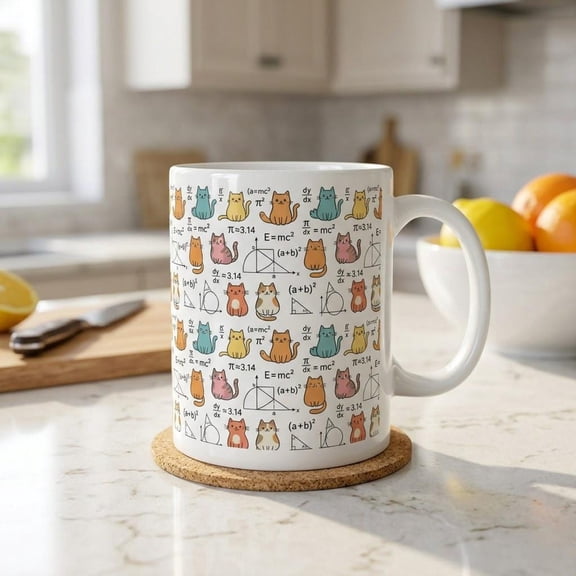 Math Cat Mug, Geometry Teacher Gift, Nerd Student Coffee Cup, Black Cat Math Humor Ceramic Mug 11oz