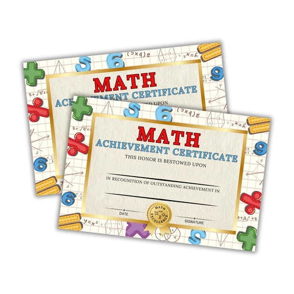 Math Certificate of Achievement 30pk 6x9 Cardstock Division Addition Subtraction Multiplication Master Award Excellence Student Class Recognition Math Facts
