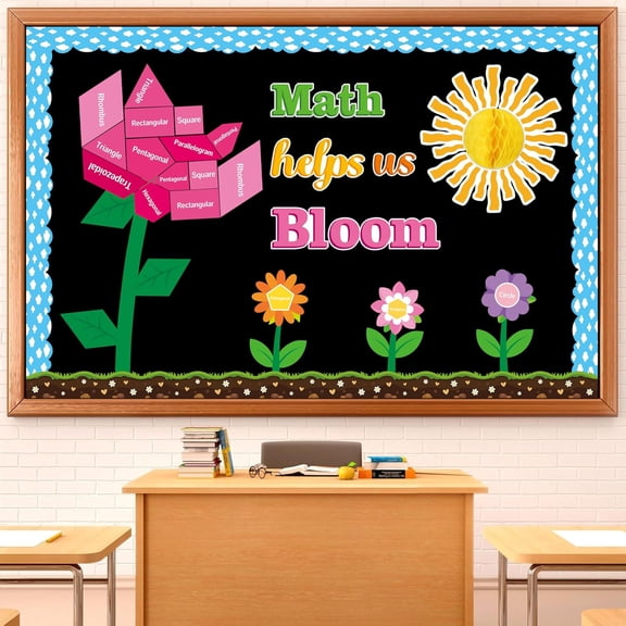 Math Classroom Bulletin Board - 58Pcs Back to School Math Helps Us Bloom Classroom Bulletin Borders Pink Flower Cutout Sun Honeycomb Sky Grass Border Trim Kindergarten School Chalkboard Decor