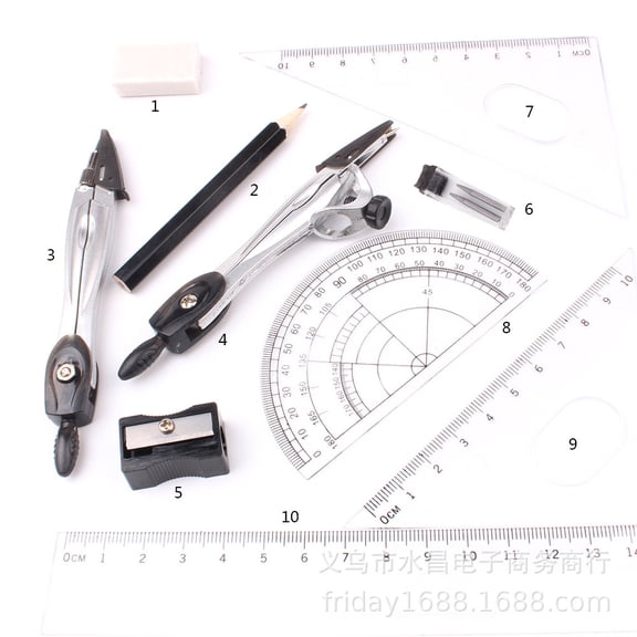 Math Compass for Geometry Set 10 Piece Student Geometry Box Includes Ruler, Squares, Compass and Protractor, Pencils, Eraser, Pencil Sharpener, Pencil Refills