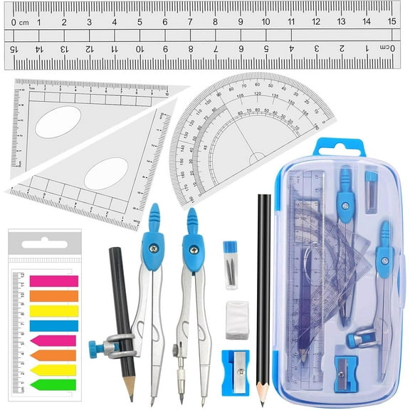 Math Compasses Back-to-School Starter Geometry Kit with 2 Drafting Compasses Protractor Set Squares Ruler and More for Students Maths Study Homework, Blue Set with Carry Case