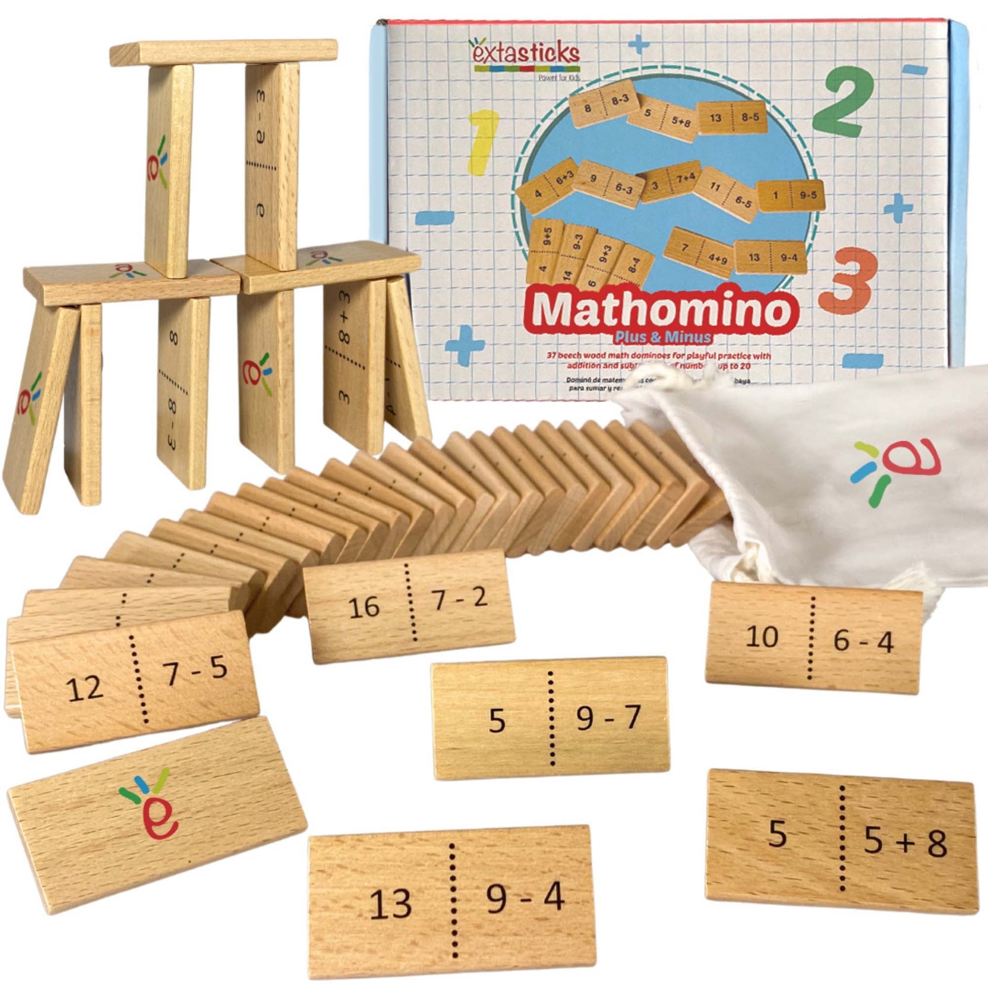 Math Domino Game for 1st & 2nd Grade | Wooden Algebra Dominoes Plus/Minus | Educational Learning Toy for Kids 6+ | Classroom, Homeschool & Teaching Supplies