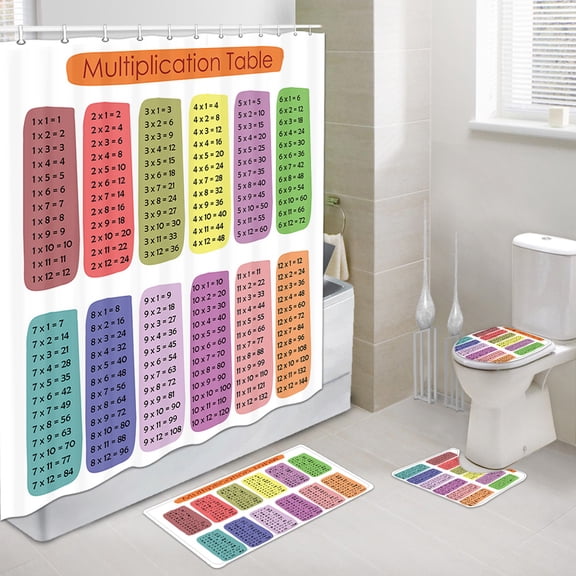 Math Educational Shower Curtain Set and Rugs 69x70 Inch, Colorful Multiplication Table 1 to 12, Bathroom Mat Set with Bath Rug Mat, Contour Mat and Toilet Lid Cover