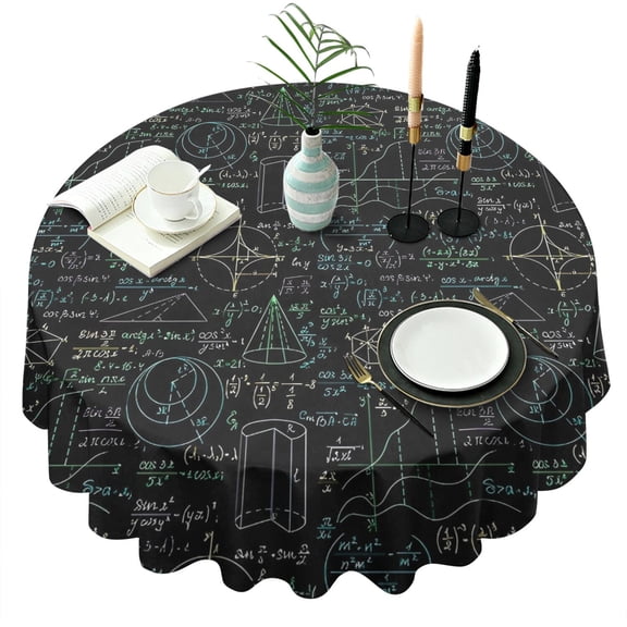 Math Equations 3D Shapes Black Pattern Round Tablecloth 60"x60",Wrinkle Wipeable Table Cloth for Kitchen Dining Room Picnic Patio Party
