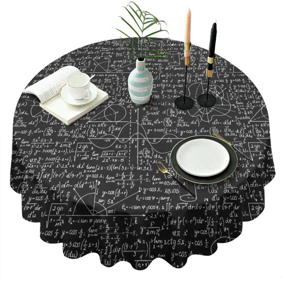 Math Equations Algebra Formulas Black Pattern Round Tablecloth 60"x60",Wrinkle Wipeable Table Cloth for Kitchen Dining Room Picnic Patio Party