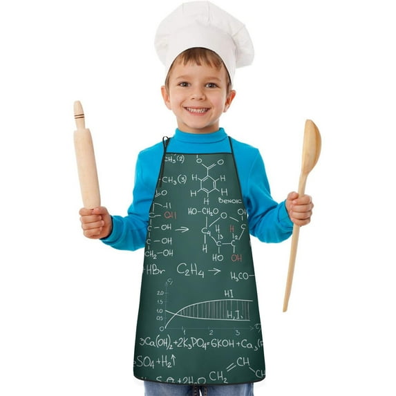 Math Equations Chemistry Reactions Green Pattern Kids Aprons for Girls and Boys,Adjustable Neck Strap Toddler Aprons for Kids Cooking Baking