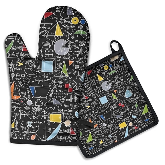 Math Equations Colorful Doodles Black Pattern Kitchen Oven Mitt and Pot Holder Sets 2 Pcs for Baking, Cooking and Grilling, Heat Resistant Up To 392 °F