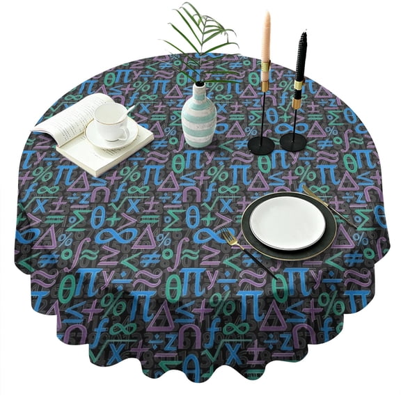 Math Equations Colorful Symbols Pattern Round Tablecloth 60"x60",Wrinkle Wipeable Table Cloth for Kitchen Dining Room Picnic Patio Party