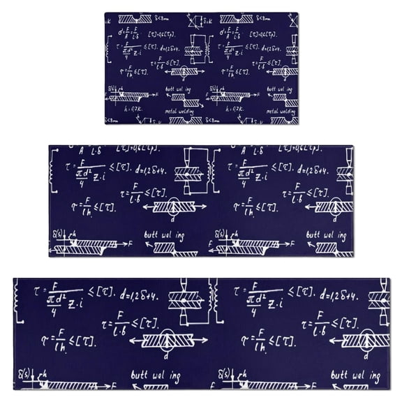 Math Equations Engineering Diagrams Navy Pattern Kitchen Rugs Sets Of 3,Kitchen Runner Rugs Non Skid Washable,Decorative Kitchen Floor Mats for Kitchen,Sink,Laundry,17"x30"+ 17"x47" + 17"x59"