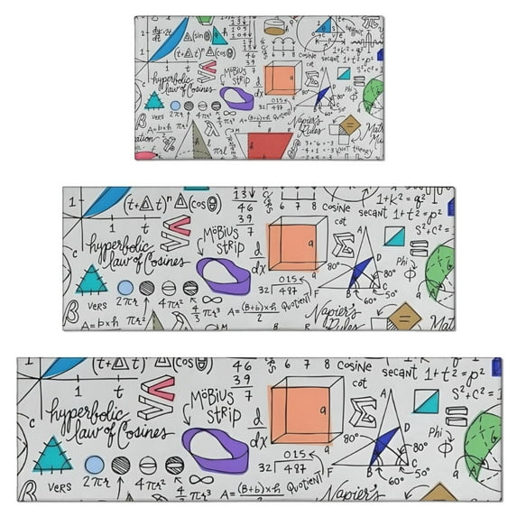 Math Equations Geometric Shapes White Pattern Kitchen Rugs Sets Of 3,Kitchen Runner Rugs Non Skid Washable,Decorative Kitchen Floor Mats for Kitchen,Sink,Laundry,17"x30"+ 17"x47" + 17"x59"