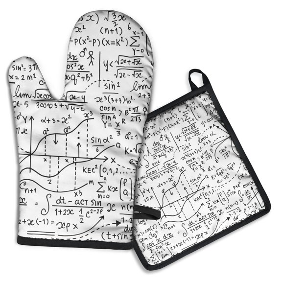 Math Equations Geometry Icons White Pattern Kitchen Oven Mitt and Pot Holder Sets 2 Pcs for Baking, Cooking and Grilling, Heat Resistant Up To 392 °F