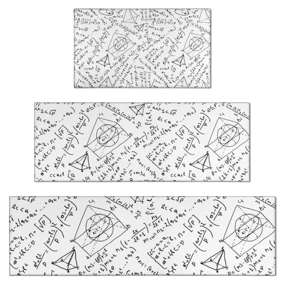 Math Equations Geometry Shapes White Pattern Kitchen Rugs Sets Of 3,Kitchen Runner Rugs Non Skid Washable,Decorative Kitchen Floor Mats for Kitchen,Sink,Laundry,17"x30"+ 17"x47" + 17"x59"
