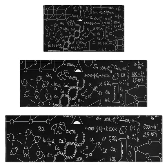 Math Equations Lab Tools Black Pattern Kitchen Rugs Sets Of 3,Kitchen Runner Rugs Non Skid Washable,Decorative Kitchen Floor Mats for Kitchen,Sink,Laundry,17"x30"+ 17"x47" + 17"x59"