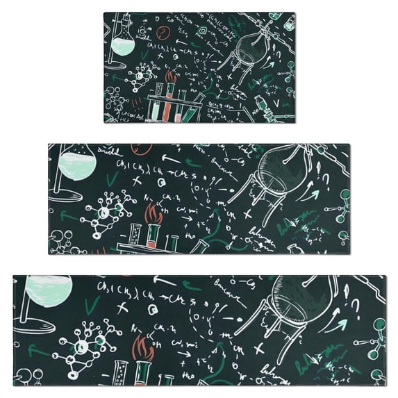 Math Equations Lab Tools Dark Pattern Kitchen Rugs Sets Of 3,Kitchen Runner Rugs Non Skid Washable,Decorative Kitchen Floor Mats for Kitchen,Sink,Laundry,17"x30"+ 17"x47" + 17"x59"