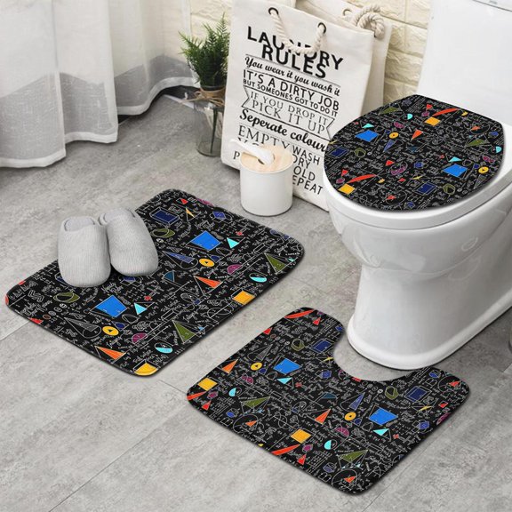 Math Equations Math Icons Colorful Pattern Bathroom Rugs Sets 3 Piece,Toilet Cover Set,Absorbent Non Slip Bathroom Mats Sets with U-Shaped Contour Rug Toilet Rug Set