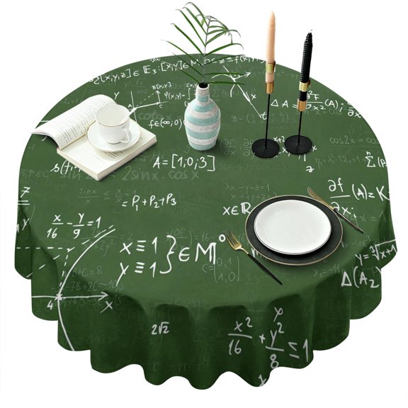 Math Equations Math Symbols Green Pattern Round Tablecloth 60"x60",Wrinkle Wipeable Table Cloth for Kitchen Dining Room Picnic Patio Party