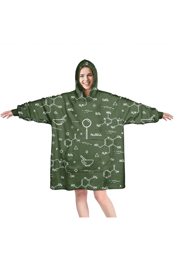 Math Equations Molecule Icons Green Pattern Wearable Oversized Blanket,Wearable Blanket Hoodie for Adults,Cozy Hooded Blankets with Super Pockets,Super Warm Fuzzy Pullover for Women & Men