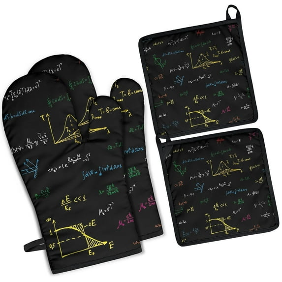 Math Equations Multicolor Formulas Black Pattern Kitchen Oven Mitt and Pot Holder Sets 4 Pcs for Baking, Cooking and Grilling, Heat Resistant Up To 392 °F