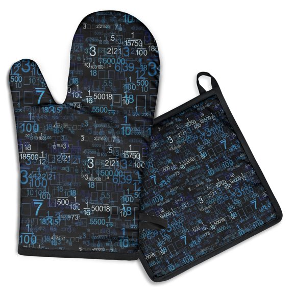 Math Equations Number Patterns Blue Pattern Kitchen Oven Mitt and Pot Holder Sets 2 Pcs for Baking, Cooking and Grilling, Heat Resistant Up To 392 °F