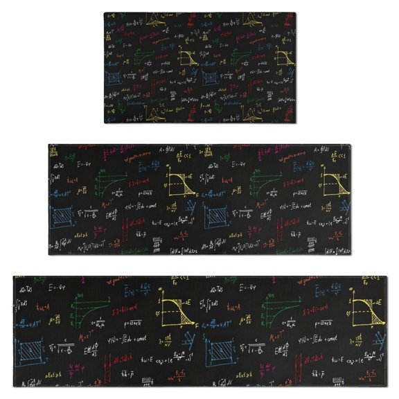 Math Equations Physics Formulas Black Pattern Kitchen Rugs Sets Of 3,Kitchen Runner Rugs Non Skid Washable,Decorative Kitchen Floor Mats for Kitchen,Sink,Laundry,17"x30"+ 17"x47" + 17"x59"