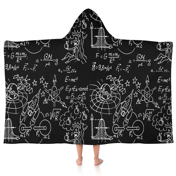 Math Equations Physics Icons Black Pattern Hooded Bath Towel，50"x30" for Ages 3 To 12 Kids, Quick Dry Lightweight Soft Microfiber Hood Beach Towel Cover Up for Kids