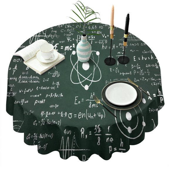 Math Equations Physics Icons Green Pattern Round Tablecloth 60"x60",Wrinkle Wipeable Table Cloth for Kitchen Dining Room Picnic Patio Party