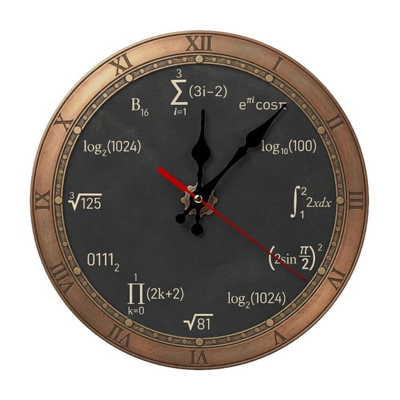 Math Equations Round Wooden Wall Clock, Silent Non-Ticking Decor Clock for Home Multi Room Use