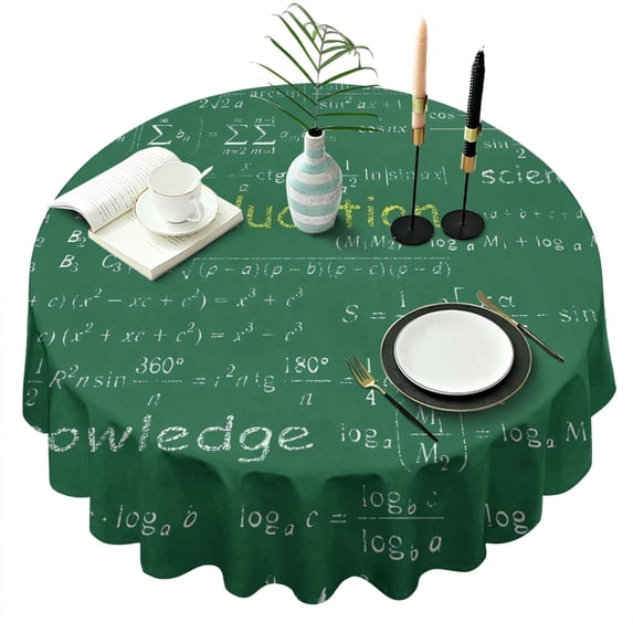 Math Equations Science Terms Green Pattern Round Tablecloth 60"x60",Wrinkle Wipeable Table Cloth for Kitchen Dining Room Picnic Patio Party