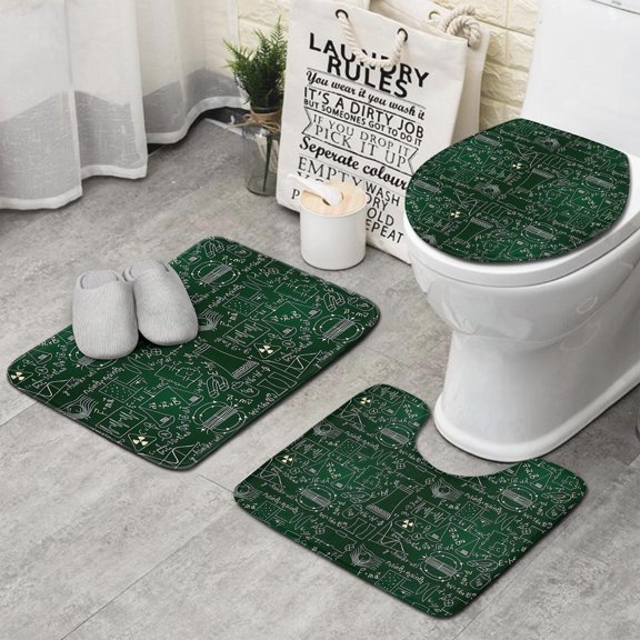 Math Equations Science Tools Green Pattern Bathroom Rugs Sets 3 Piece,Toilet Cover Set,Absorbent Non Slip Bathroom Mats Sets with U-Shaped Contour Rug Toilet Rug Set