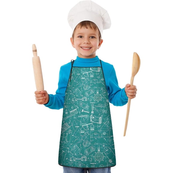 Math Equations Science Tools Green Pattern Kids Aprons for Girls and Boys,Adjustable Neck Strap Toddler Aprons for Kids Cooking Baking