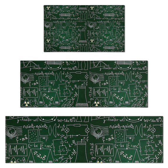 Math Equations Science Tools Green Pattern Kitchen Rugs Sets Of 3,Kitchen Runner Rugs Non Skid Washable,Decorative Kitchen Floor Mats for Kitchen,Sink,Laundry,17"x30"+ 17"x47" + 17"x59"
