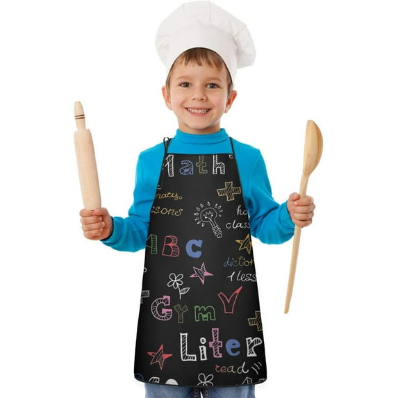 Math Equations White Symbols Black Pattern Kids Aprons for Girls and Boys,Adjustable Neck Strap Toddler Aprons for Kids Cooking Baking