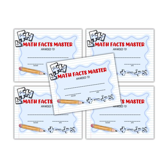 Math Facts Master Certificate of Achievement 30pk 8.5x11 Lined Paper STEM Award Goal Participation Mastery Subtraction Division Multiplication Addition