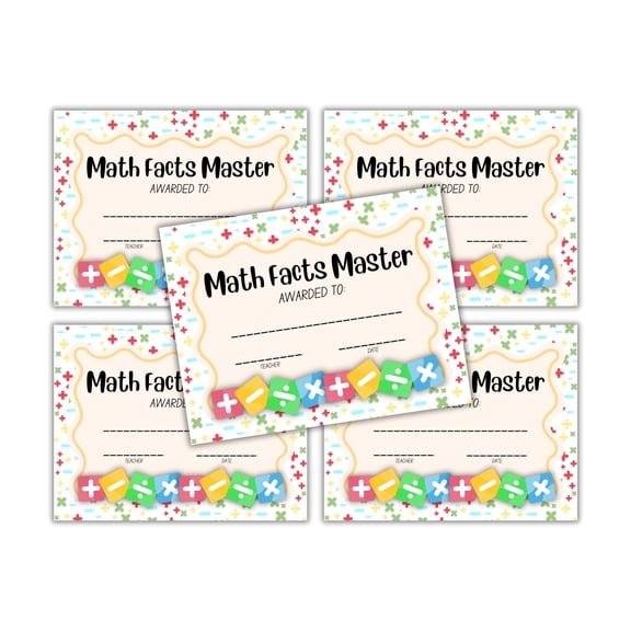 Math Facts Master Certificate of Achievement 30pk 8.5x11 Lined Paper STEM Award Goal Participation Mastery Subtraction Division Multiplication Addition Yellow