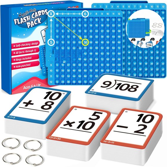 Math Flash Cards Set with Times Table Chart Board, Self-Checking Addition Subtraction Multiplication Division Flashcards with Metal Rings, Educational Learning Game Toys for Kids Ages 6 and Up