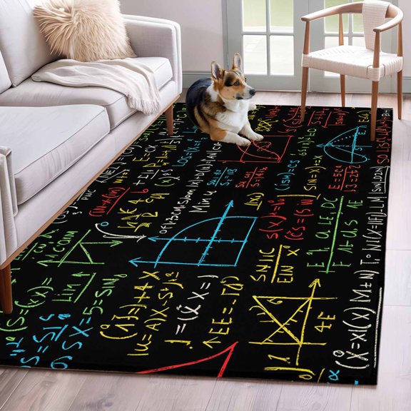 Math Formula Geometric Runner Rug 2.7x5 FT, Non Slip Entryway Carpet, Modern Art Black Yellow Washable Soft Floor Carpet Entrance Mat Non-Shedding Throw Rug for Hallway Laundry Room Bedside