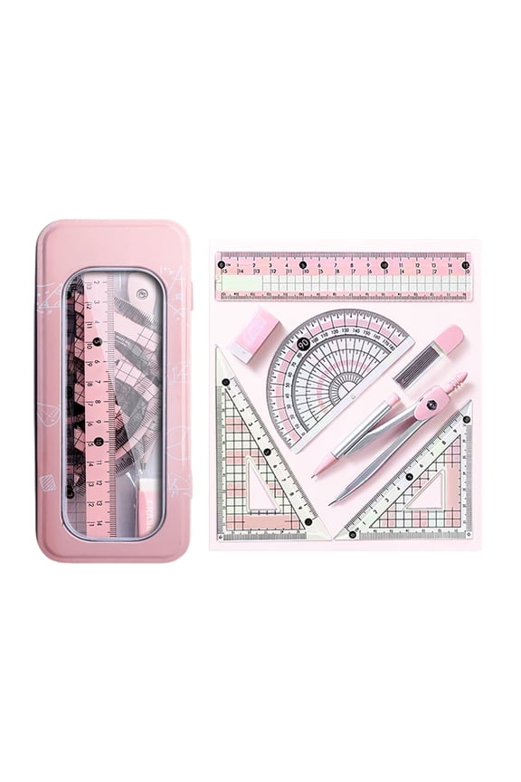 Math Geometry 8 Piece Supplies Set with Shatterproof Storage Including Ruler Protractor Eraser Leads Pencils