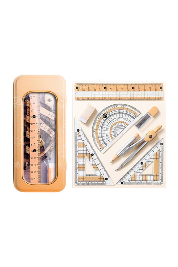 Math Geometry 8 Piece Supplies Set with Shatterproof Storage Including Ruler Protractor Eraser Leads Pencils