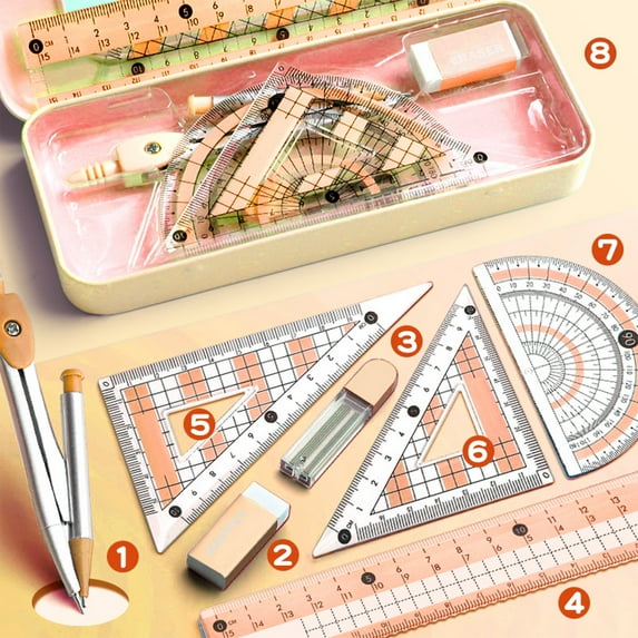 Math Geometry Kit, Learner Supplies Set, Shatterproof Storage Box, Ruler & Protractor, Durable Design, for College Use, Essential Math Tools, Pencils & Erasers | 8 Piece Set,vsgery
